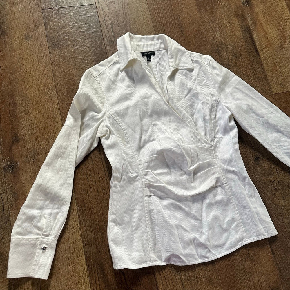 Women's Talbots White Herringbone Wrap Blouse Size 2